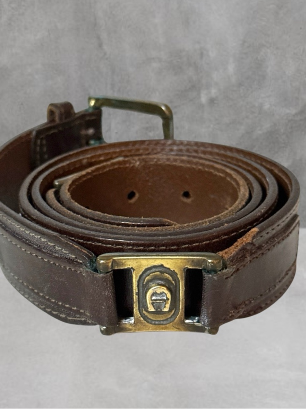 Etienne Aigner HAND MADE Leather Belt  42 Logo Buckle  Brown Vintage